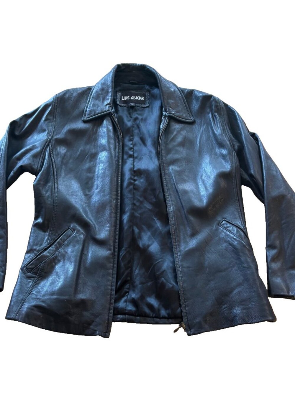 Vintage Luis Alvear Collared Black Leather Jacket Size M Zip Closure Pockets